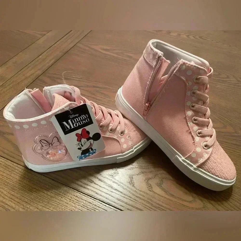 DISNEY Minnie Mouse Girls Hi Top SNEAKERS PInk & SEQUINS Sz 2 New With Tags